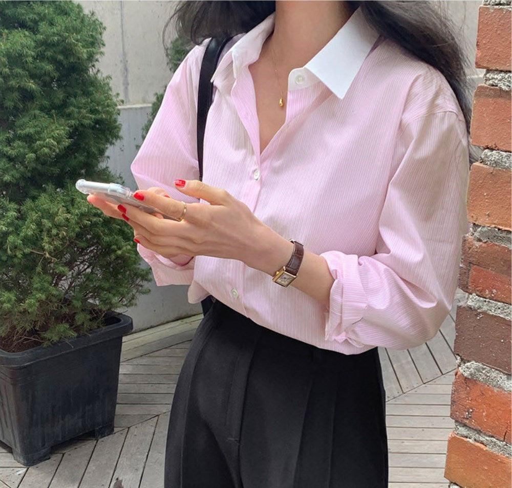 New Chic Spring Casual Striped Long Sleeve Shirt Women's Loose Fit Turn-down Collar Versatile Top Quality Cotton Blend